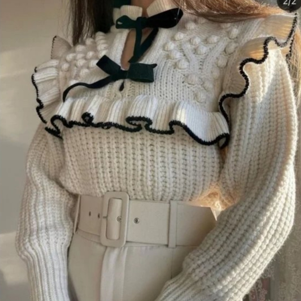 Zara Cream Ruffle Bauble Sweater Size S